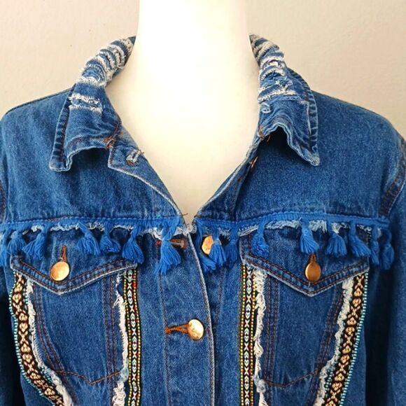 Denim land Paris Collection Women's boho fringe button-up Jean jacket sz large - Picture 2 of 14